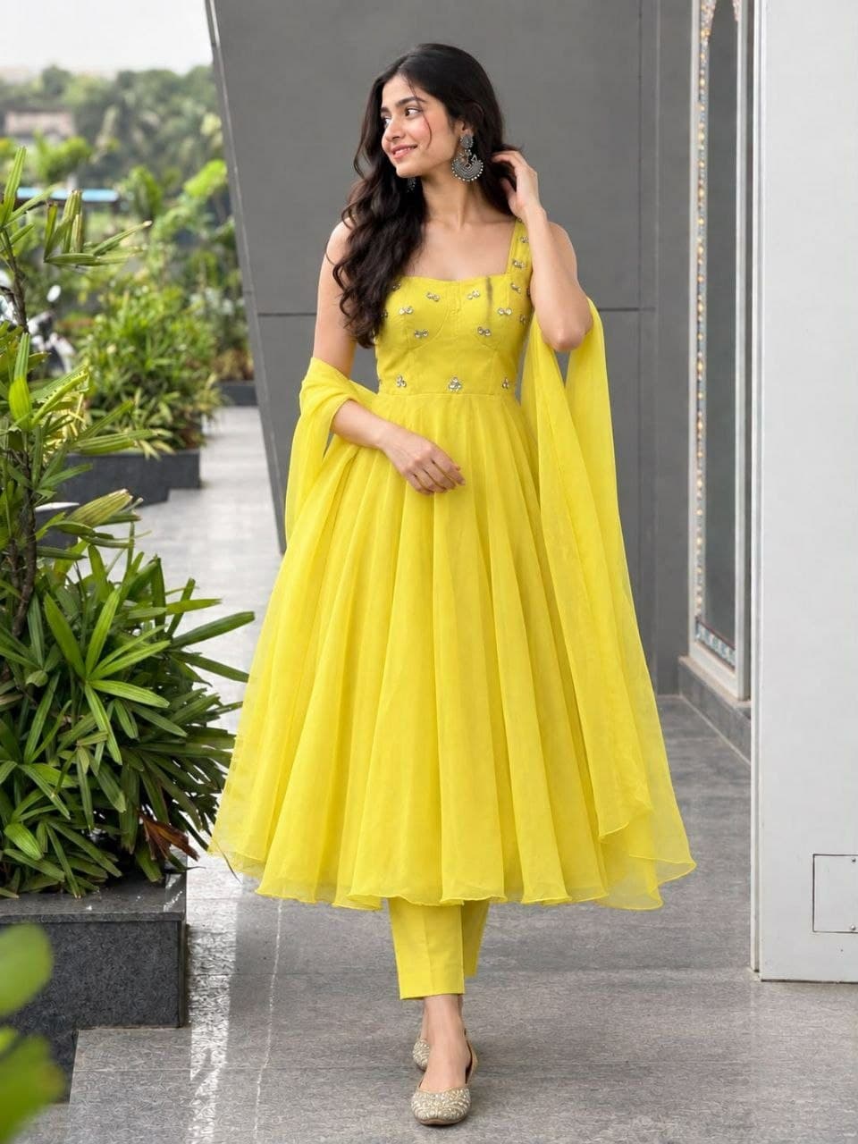 Premium Faux Georgette Anarkali Gown Set - Yellow