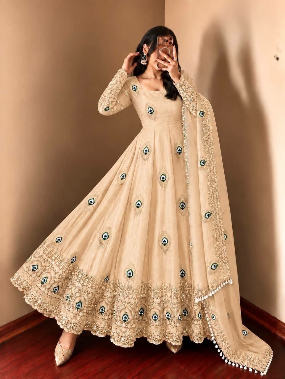Pure Fendy Silk Anarkali Gown Set - Cream