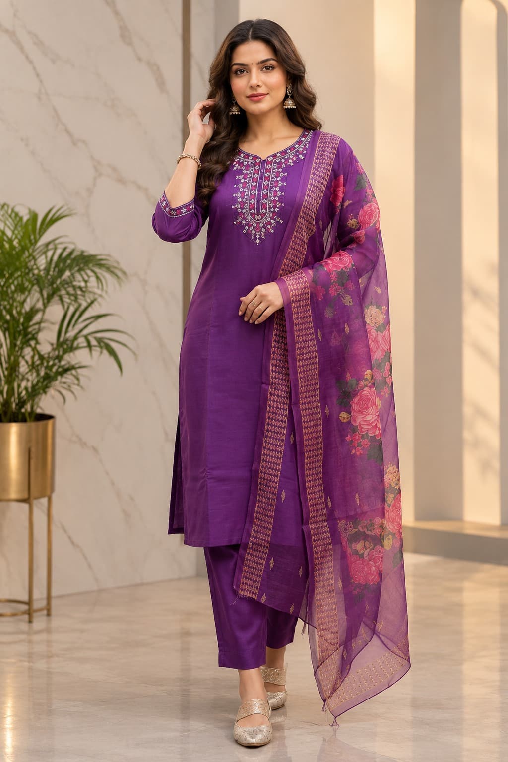 Women's Grace Collection 3-Piece Embroidered Rayon Slub Kurta Set – PAIR-08
