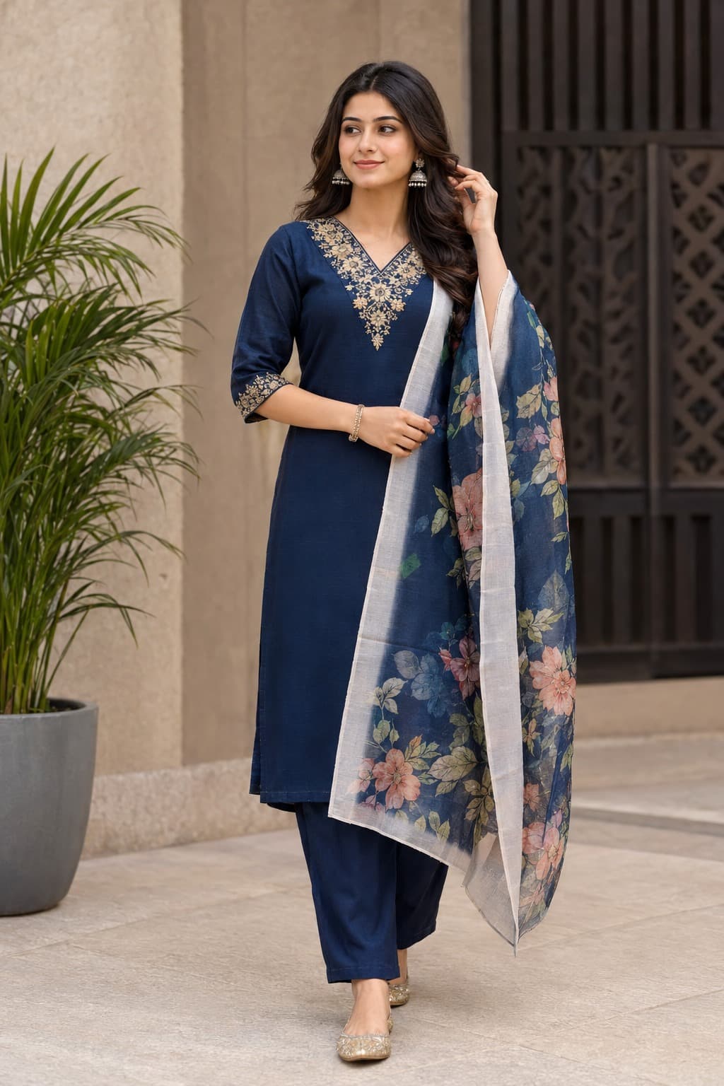 Women's Minimal Muse 3-Piece Embroidered Rayon Slub Kurta Set – PAIR-26