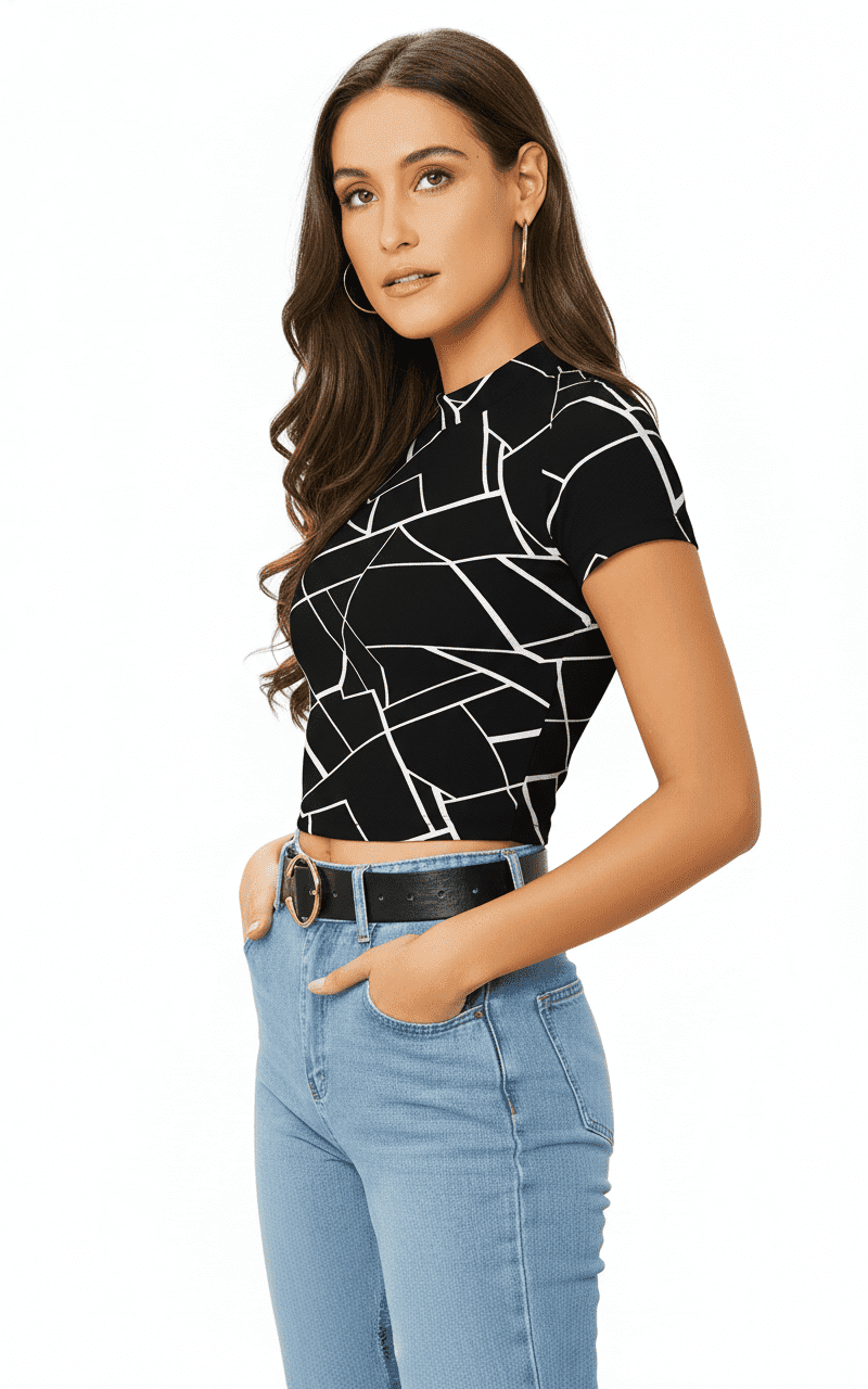 Geometric Grid Mock-Neck Short Sleeve Crop Top alternate view