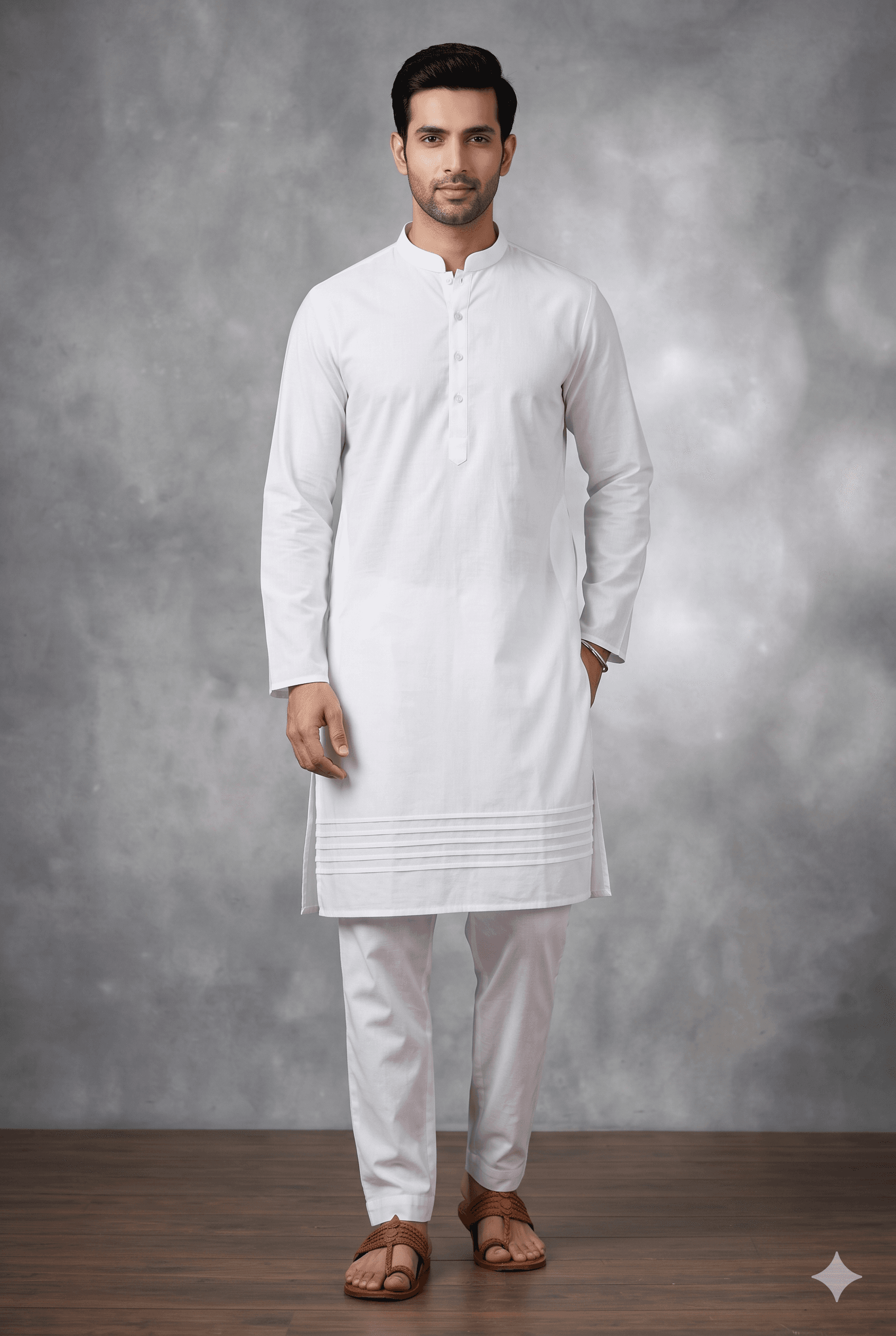 Mens Long Pintex Giza Cotton White Kurta & Pajama alternate view