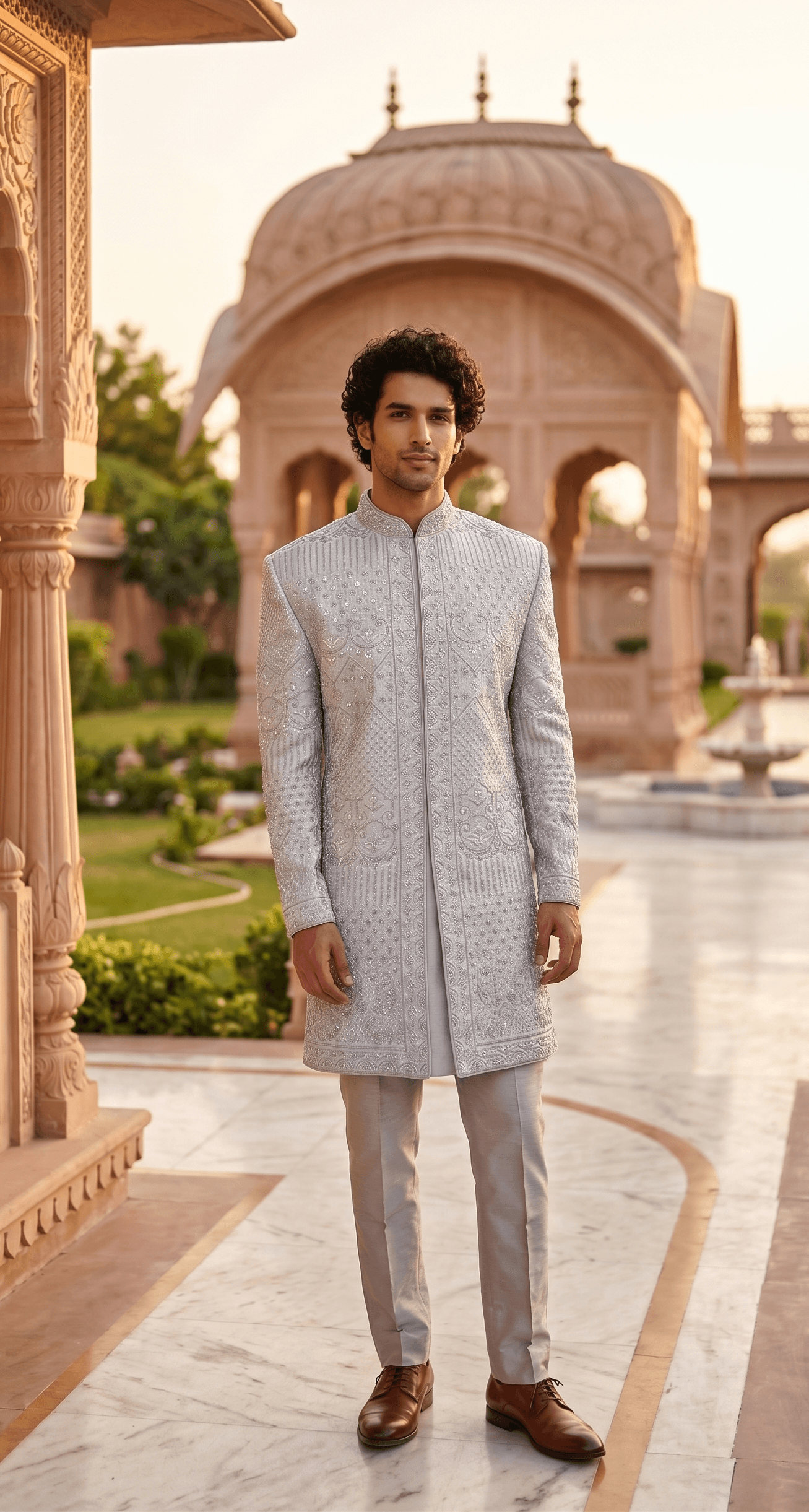 Men's Wedding Designer Silver Sherwani 