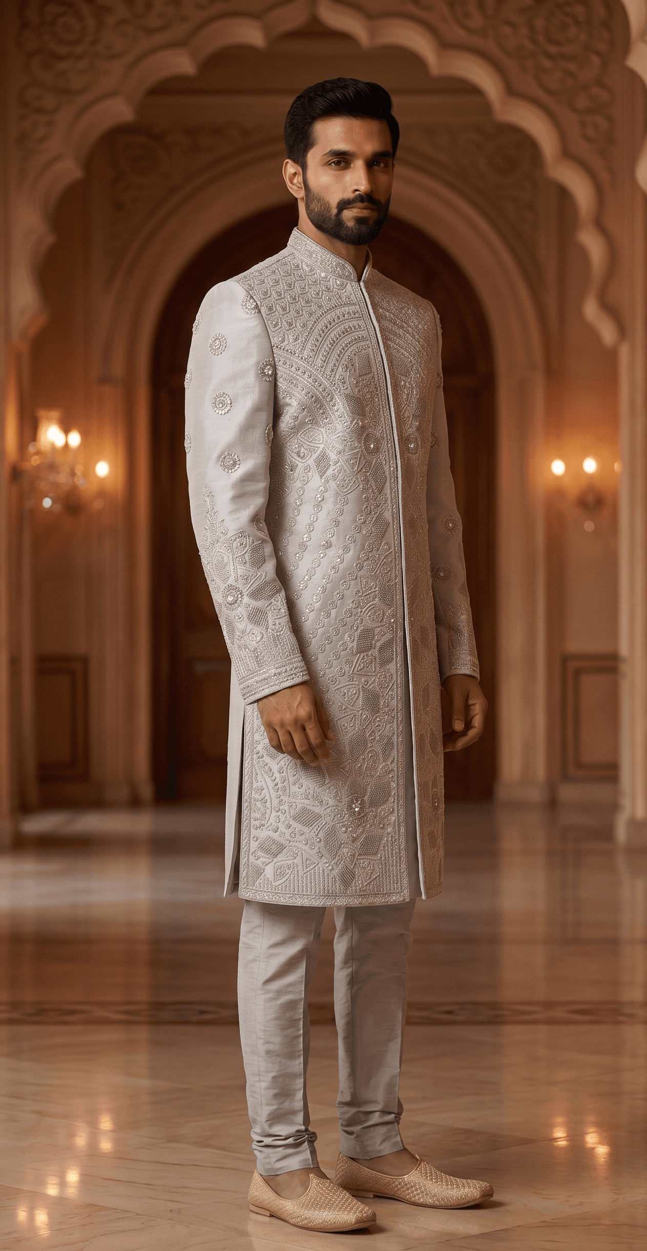 Men's Wedding Silver Sherwani alternate view