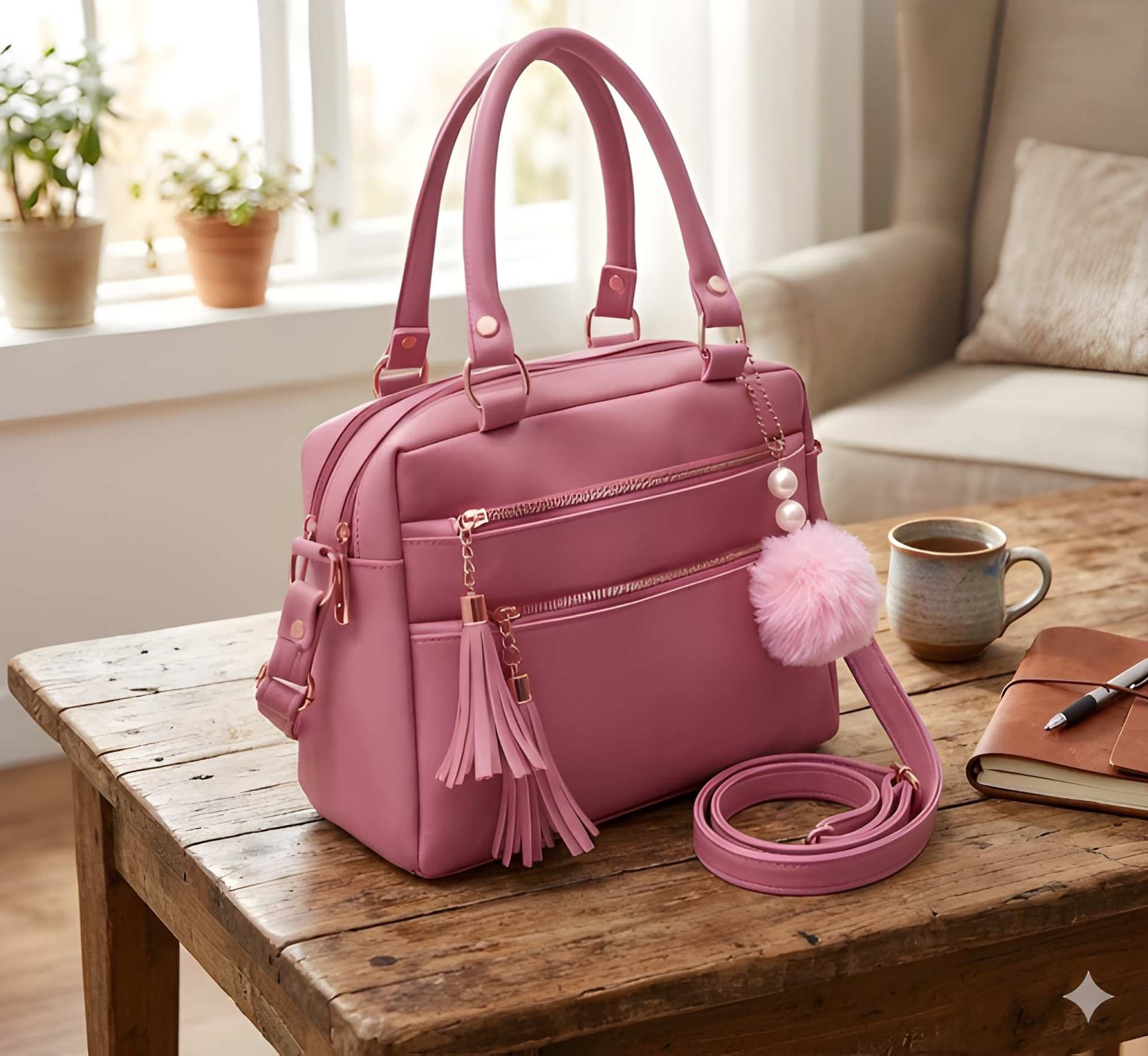 Pink Women’s Handbag with Multiple Compartments