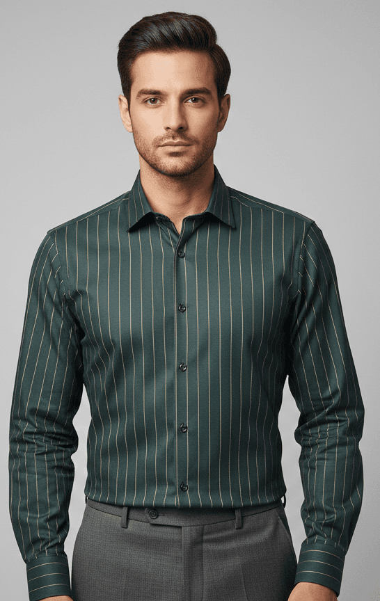 Men's Premium Cotton Green Shirt with Golden Stripes