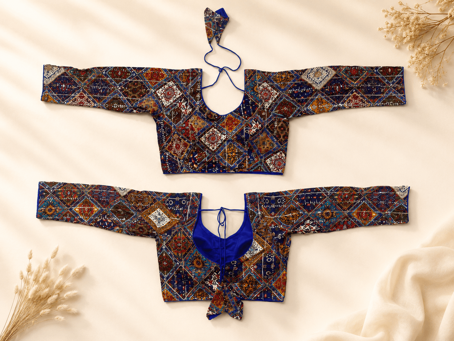 Women's Premium Royal Blue Printed Silk Party Wear Readymade Blouse