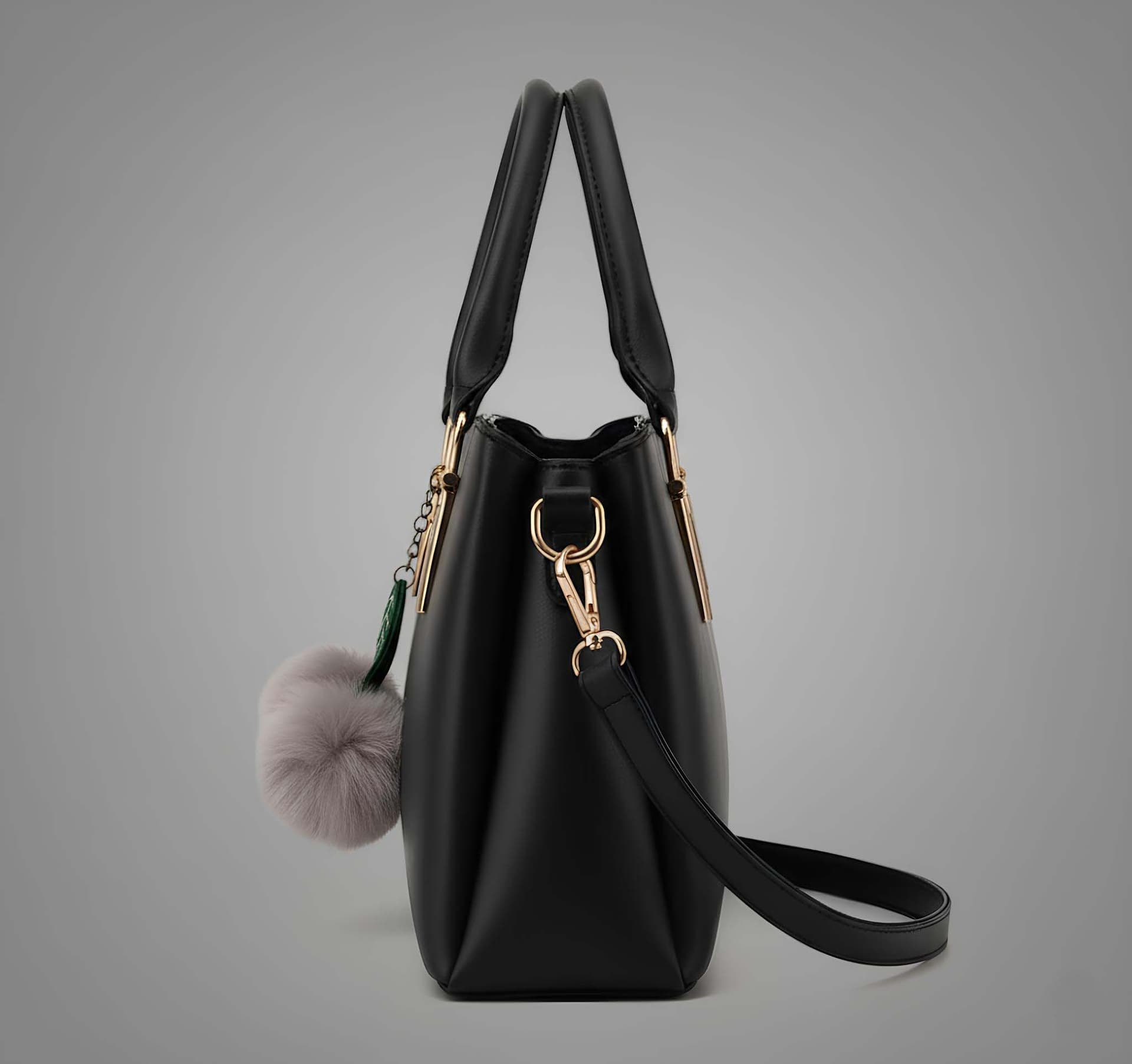 WUGO Women’s Elegant Black Classic Handbag with Fur Charm