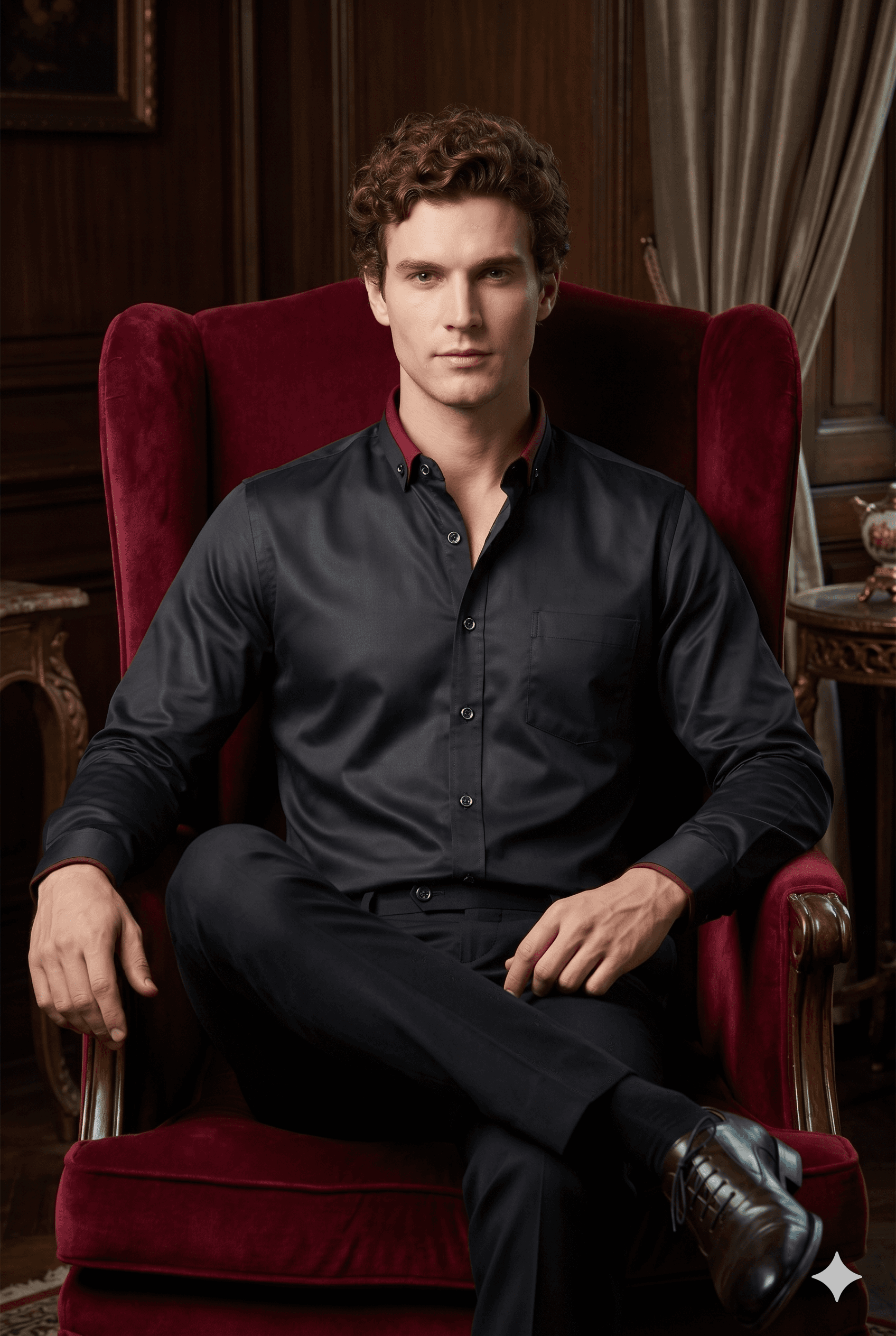 Giza Cotton Black shirt with Burgandy tipping collar & Cuff