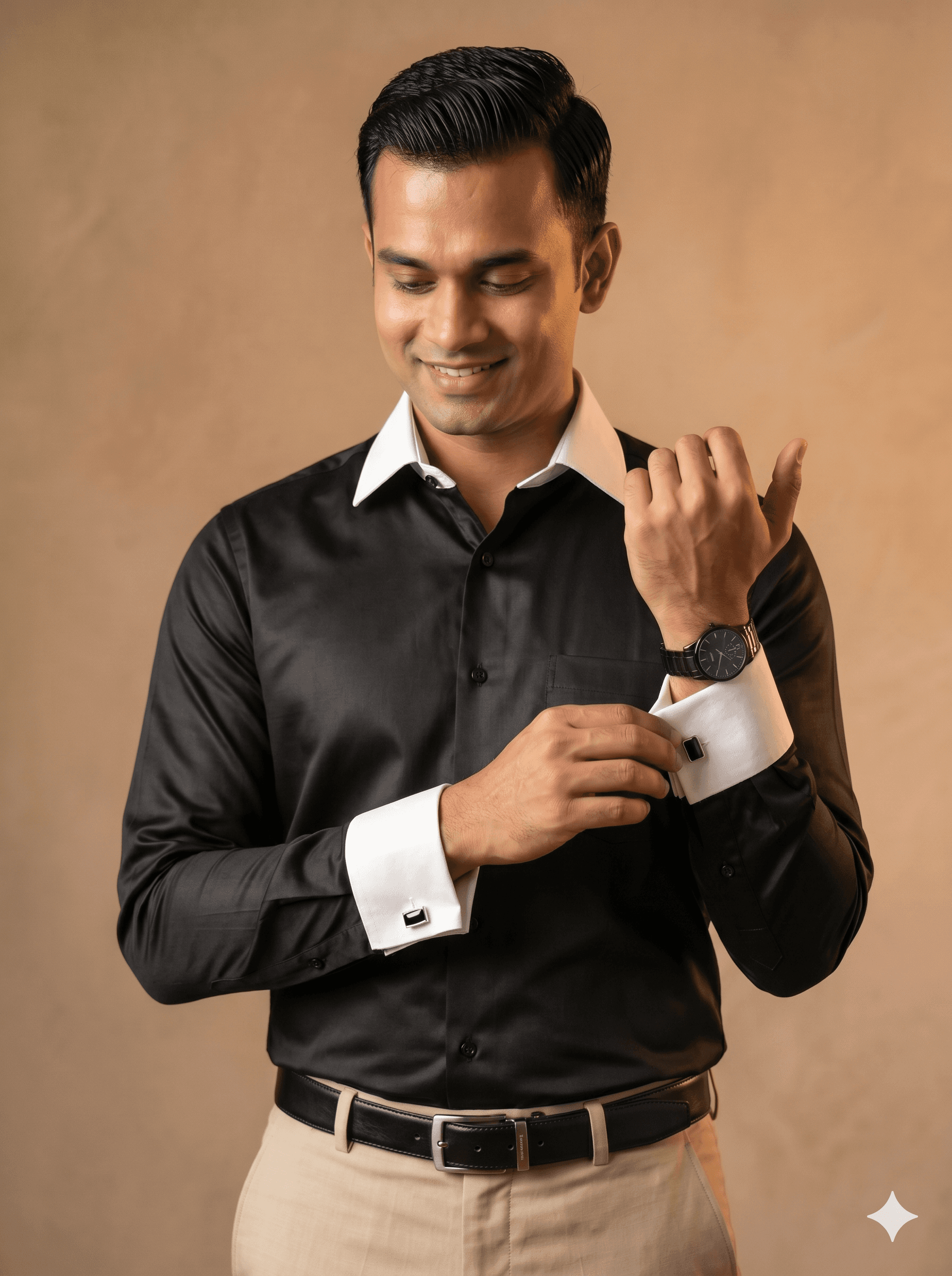 Premium Giza Cotton Black Shirt With White Collar & White French Cuff alternate view
