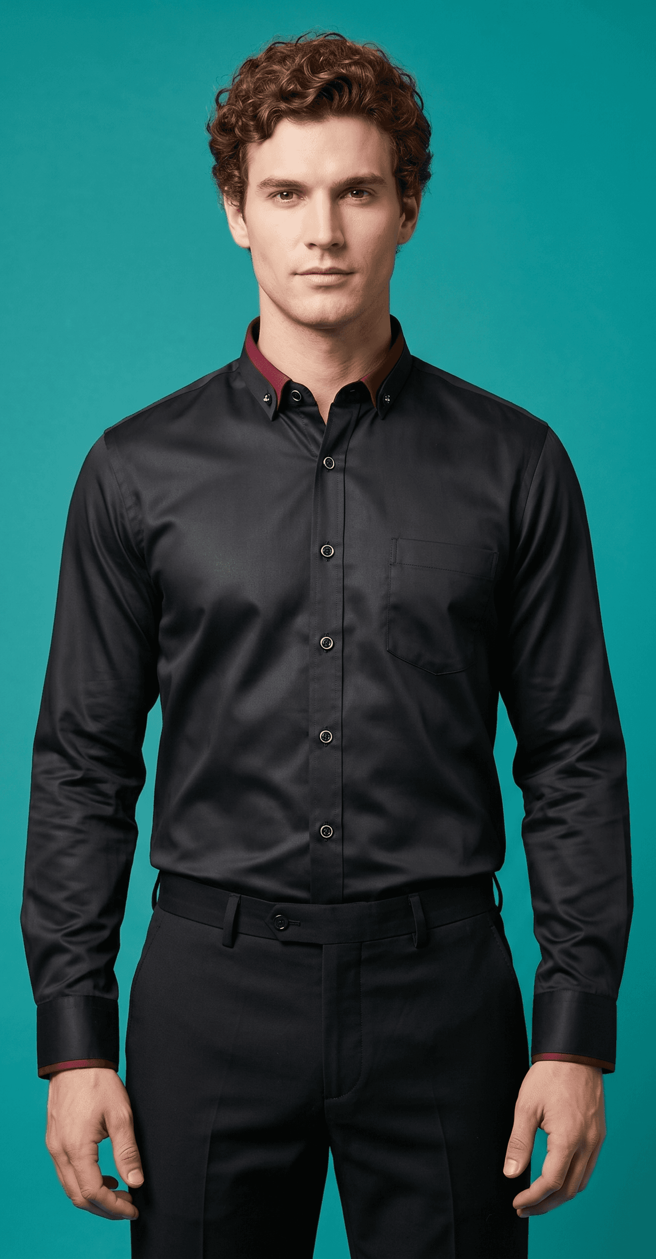 Giza Cotton Black shirt with Burgandy tipping collar & Cuff