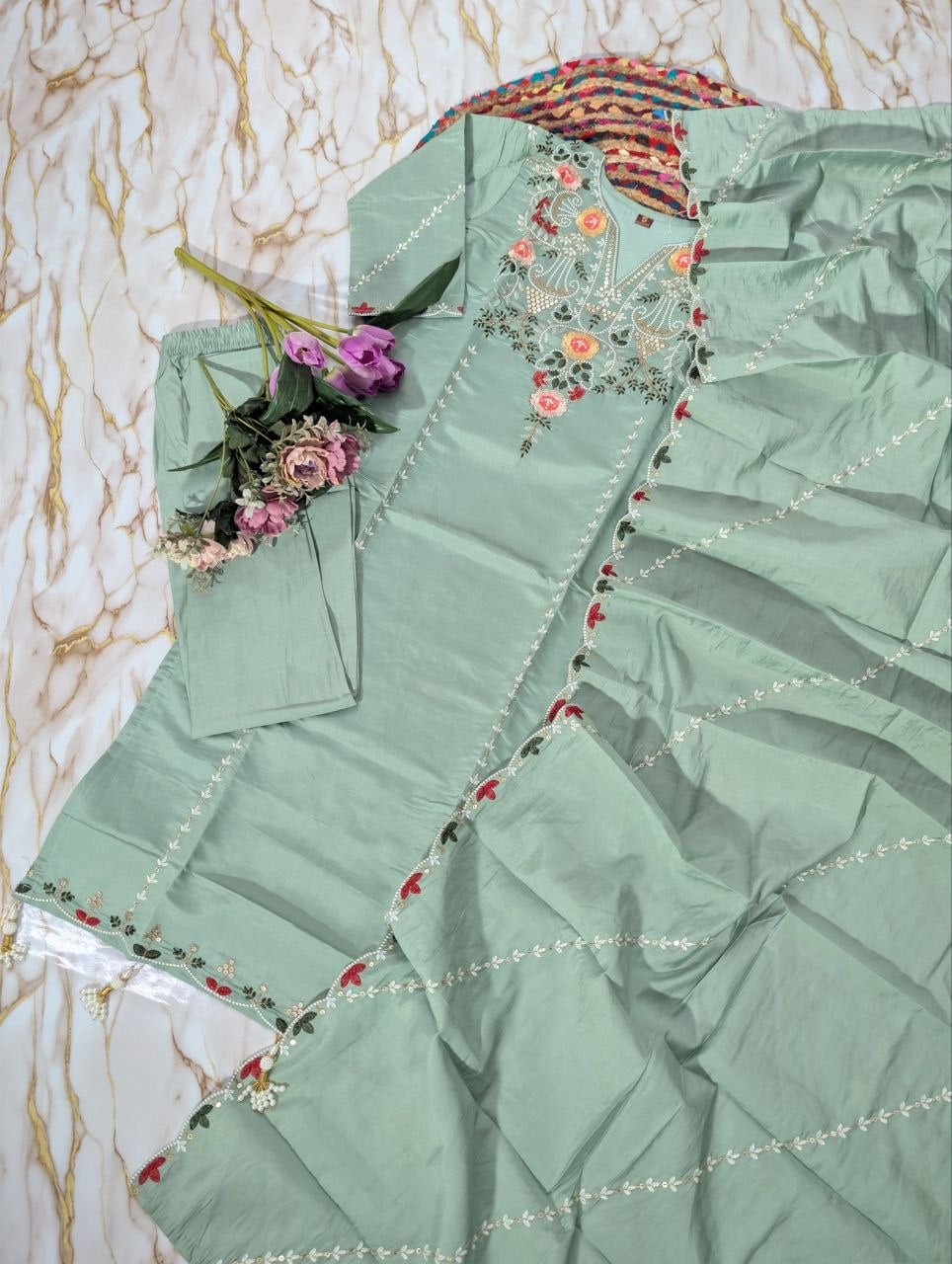 Pure Viscose Chanderi Silk Suit Set - Green