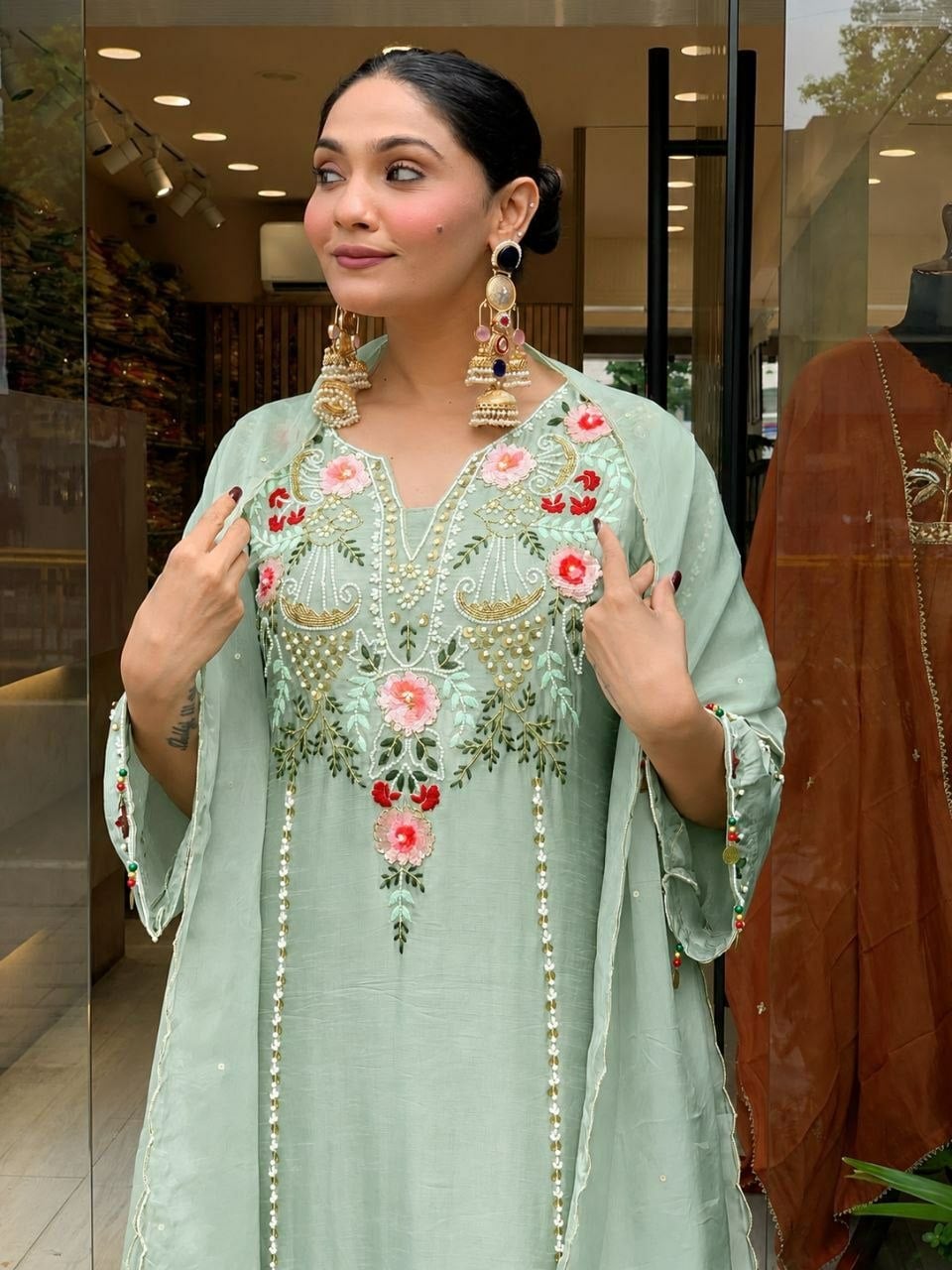 Pure Viscose Chanderi Silk Suit Set - Green