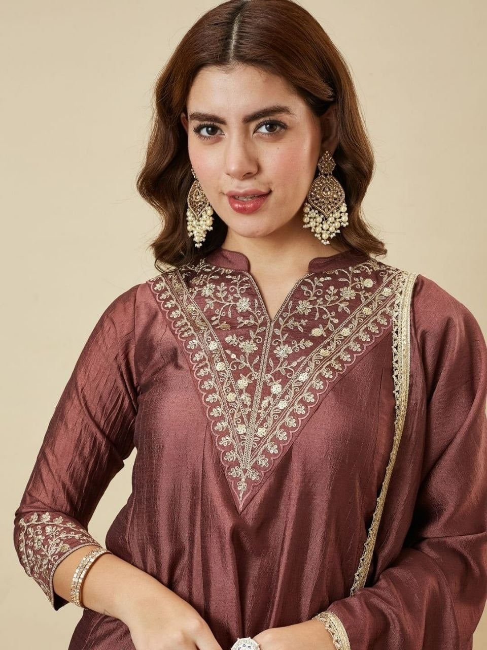 Heavy Vichitra Silk kurta set - Brown