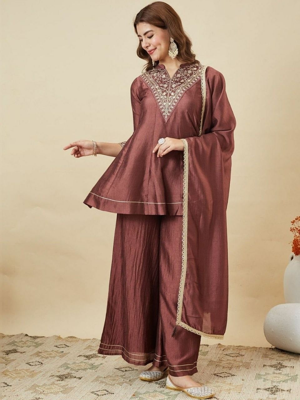 Heavy Vichitra Silk kurta set - Brown