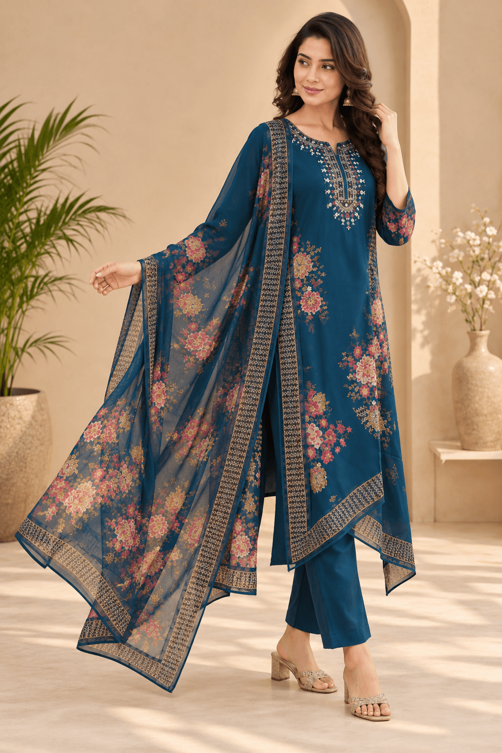 Women's Everyday Elegance 3-Piece Embroidered Rayon Slub Kurta Set – PAIR-20