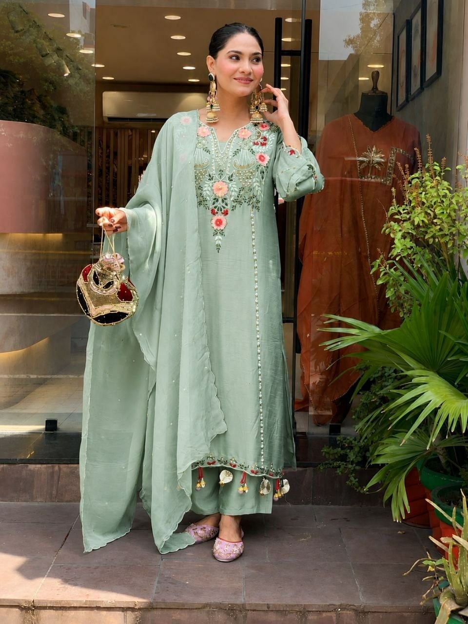 Pure Viscose Chanderi Silk Suit Set - Green - view 3