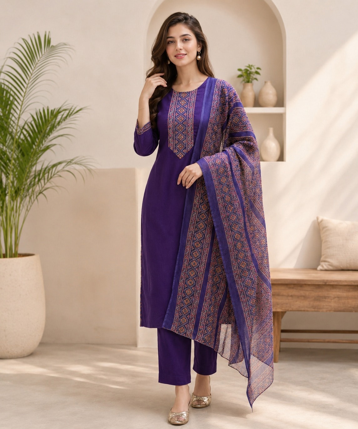 Women's Style Statement 3-Piece Embroidered Rayon Slub Kurta Set – PAIR-17 - view 1