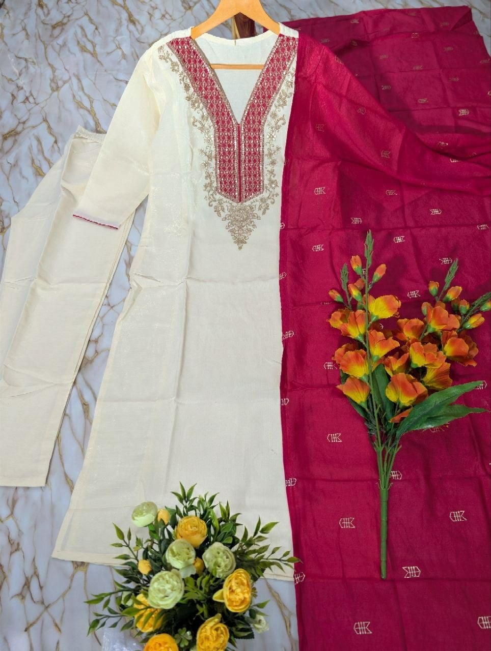 Heavy Simer Gold Silk Suit Set - White
