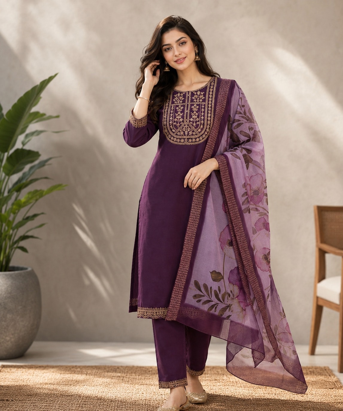 Women's Classic Edit 3-Piece Embroidered Rayon Slub Kurta Set – PAIR-16 - view 1
