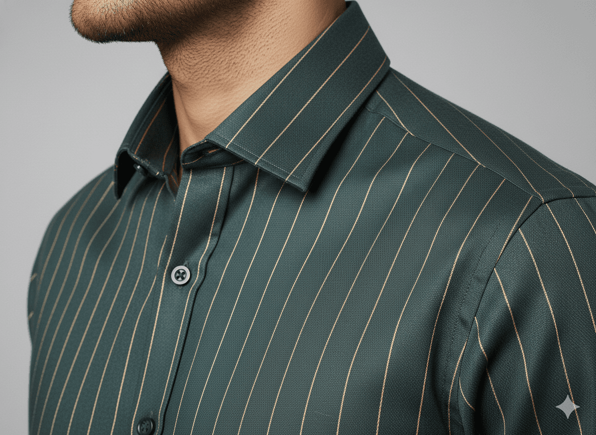 Men's Premium Cotton Green Shirt with Golden Stripes