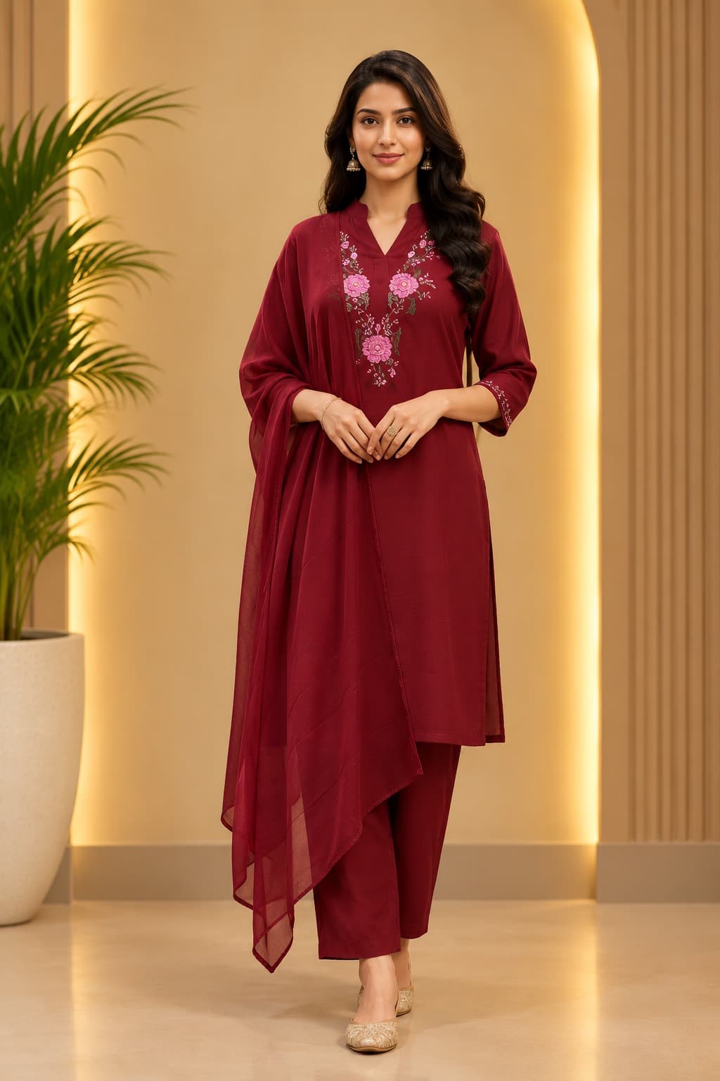 Women's Ethnic Essence 3-Piece Embroidered Rayon Slub Kurta Set – PAIR-21