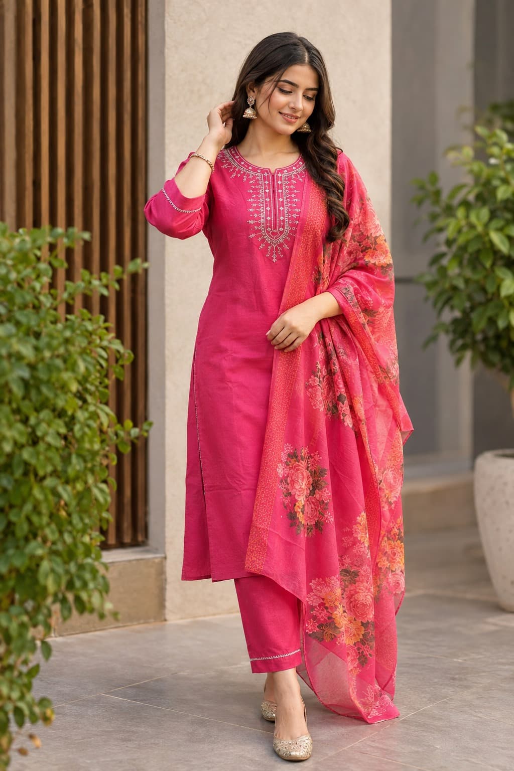 Women's Everyday Charm 3-Piece Embroidered Rayon Slub Kurta Set – PAIR-34