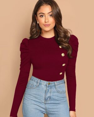 Stylish Golden Button And Puffed Sleeve